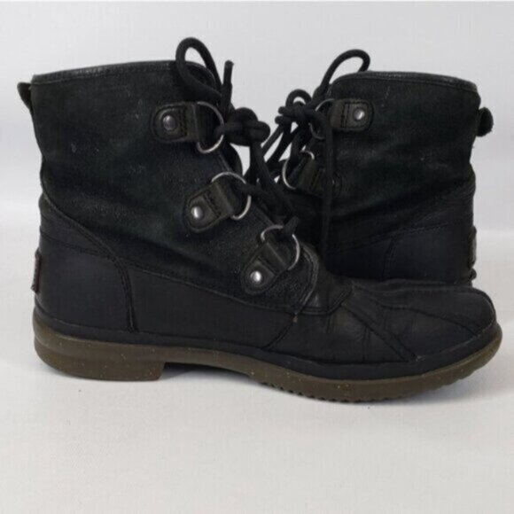 Ugg Cecile Leather Waterproof Ankle Boot Lace Up Black - Picture 8 of 14